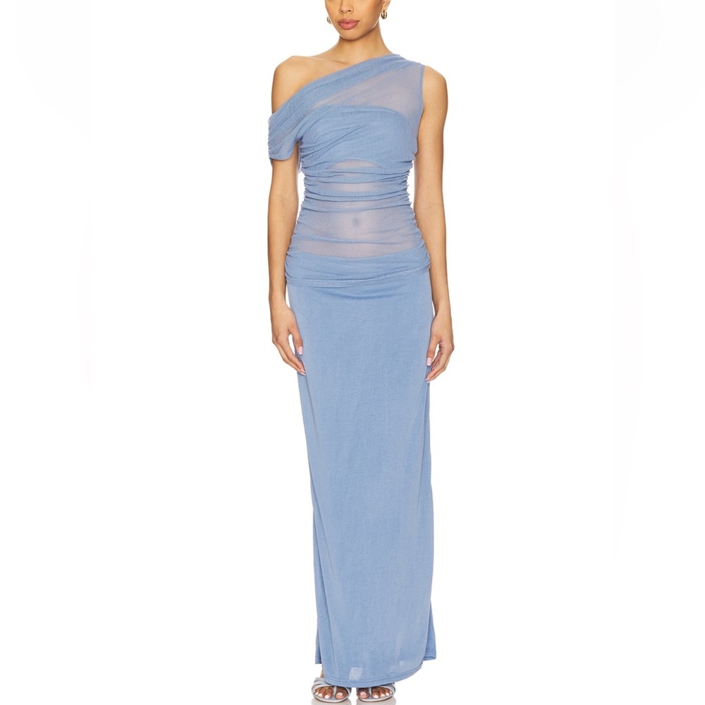 One-Shoulder Sheer Ruched Maxi Dress in Dusty Blue - Thea Mesh Dress